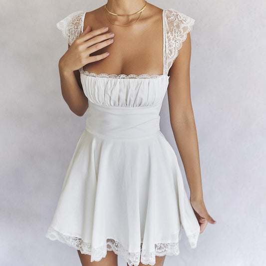 Lace-trimmed square neck slip dress